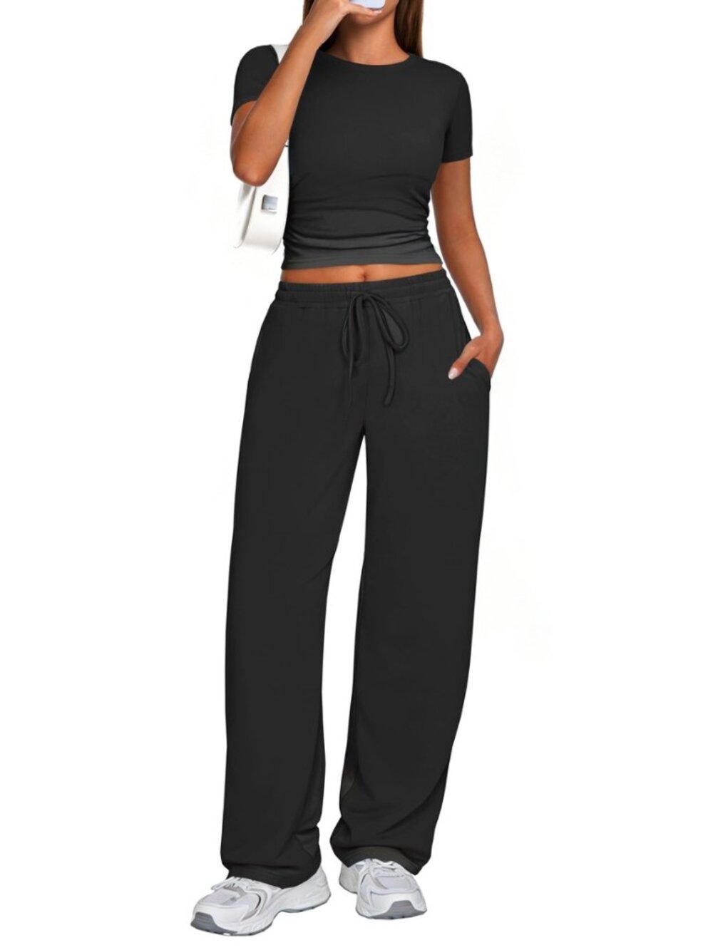 2 Piece Matching Summer Sweatsuit Lounge Set Womens Wide Leg Pants Side Ruching